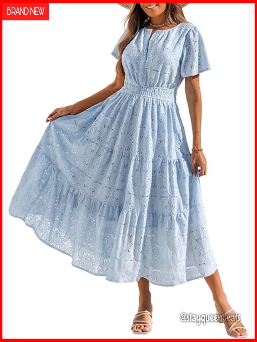 Flowy Eyelet Lace Maxi Dress with Pockets Short Sleeve Boho